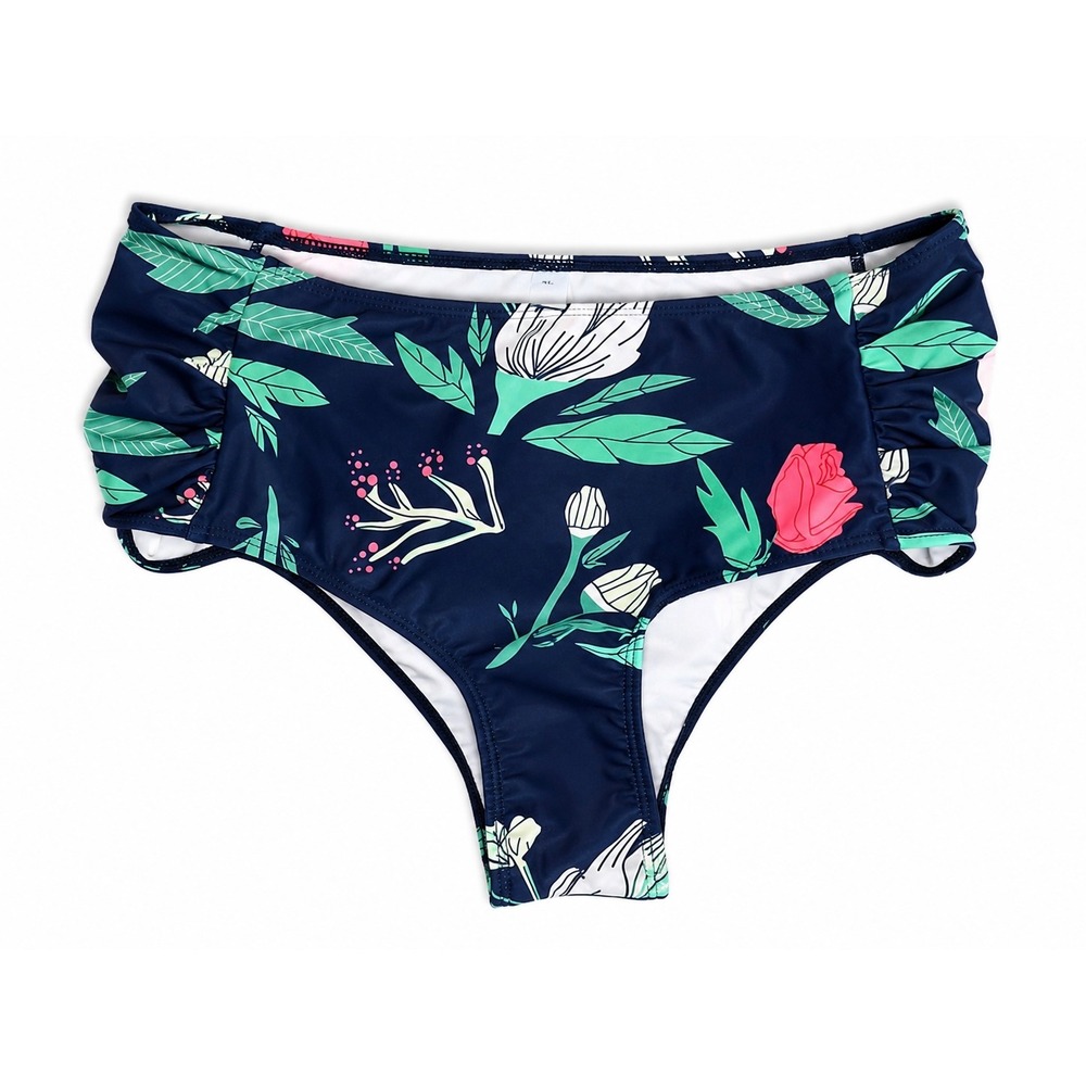 Womens‎ Navy Blue Floral High Waisted Bikini Bottoms Ruched Sides Swim XL